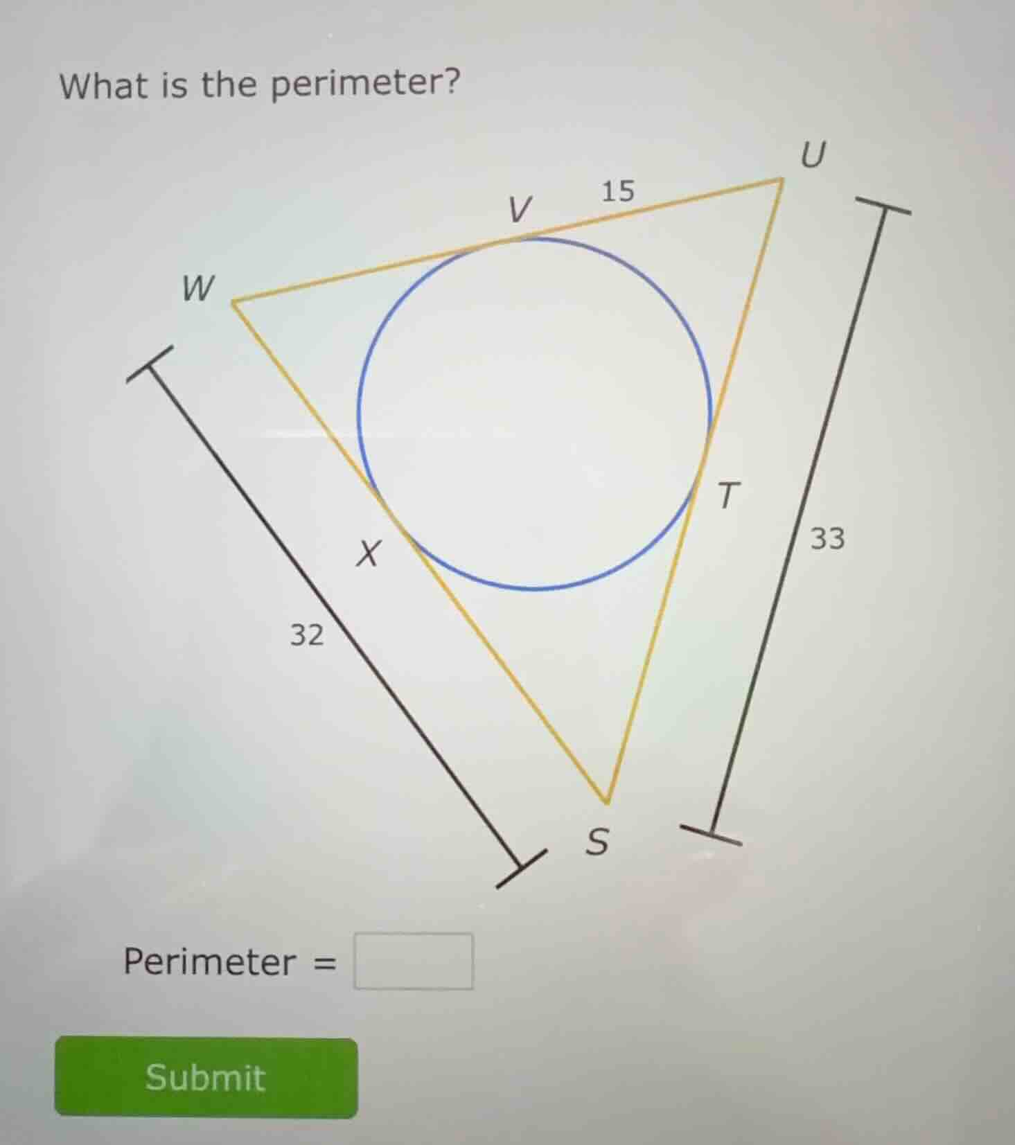 what is the perimeter? 15 33 32 perimeter = submit