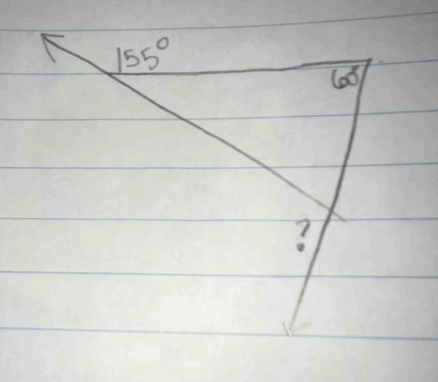 find the measure of the unknown angle (?) given an exterior angle of 15…