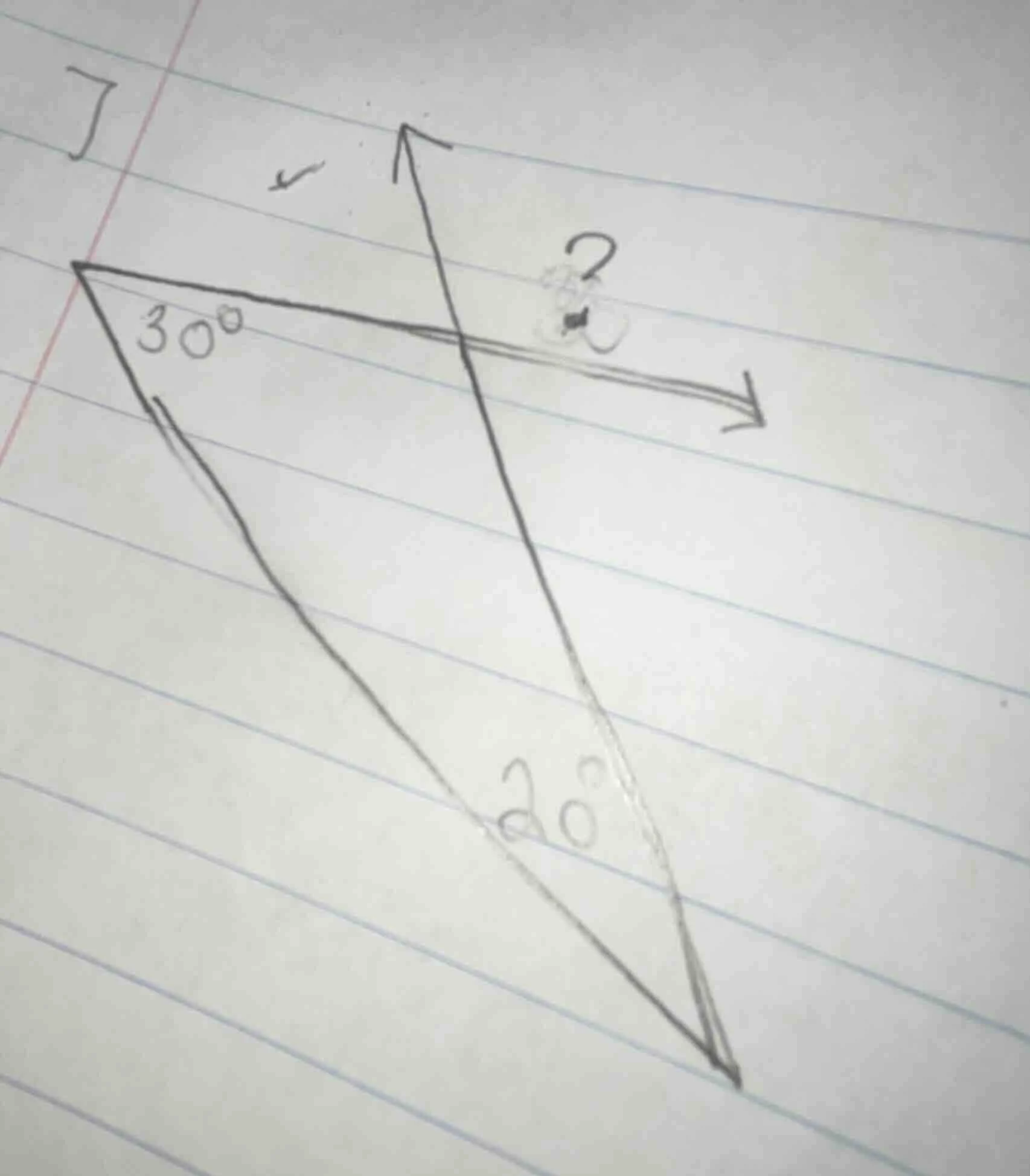 find the measure of the unknown angle (marked with ?), given angles of …