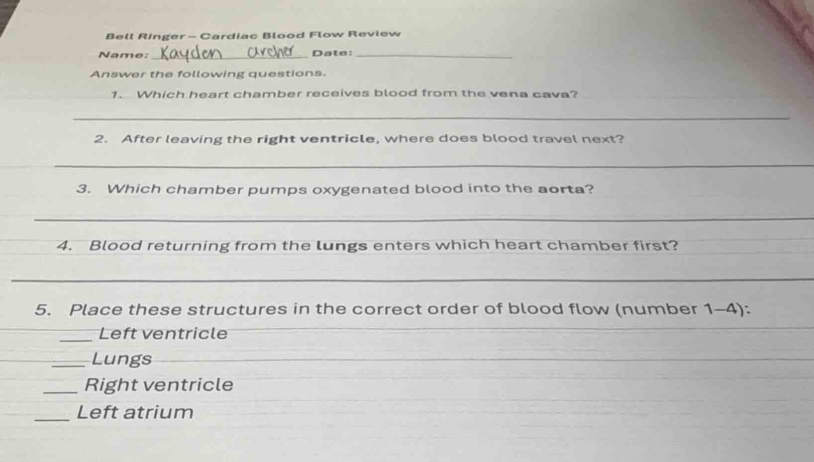 bell ringer - cardiac blood flow review name: kayden archer date: answe…