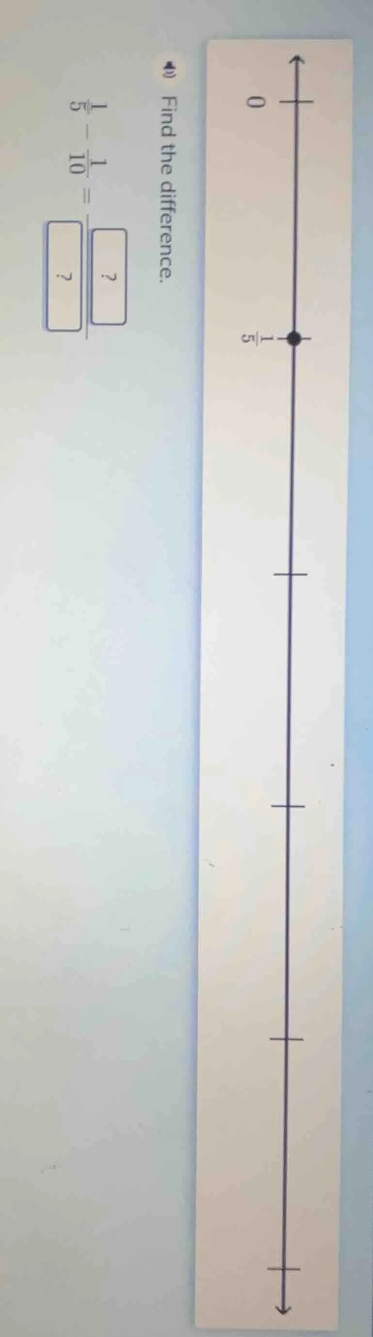 4) find the difference. $\frac{1}{5}-\frac{1}{10}=\frac{\boxed{?}}{\box…