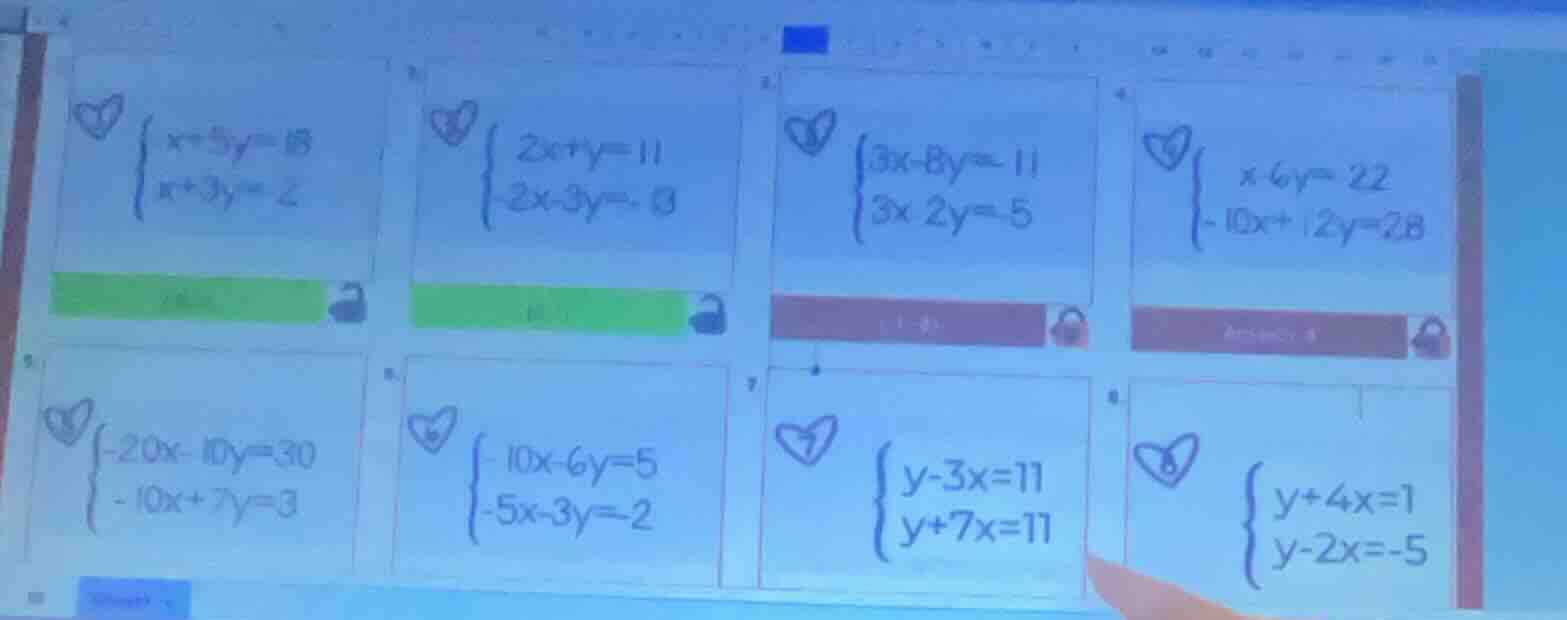 1. $\\begin{cases} x+5y=15 \\\\ x+3y=2 \\end{cases}$ 2. $\\begin{cases}…