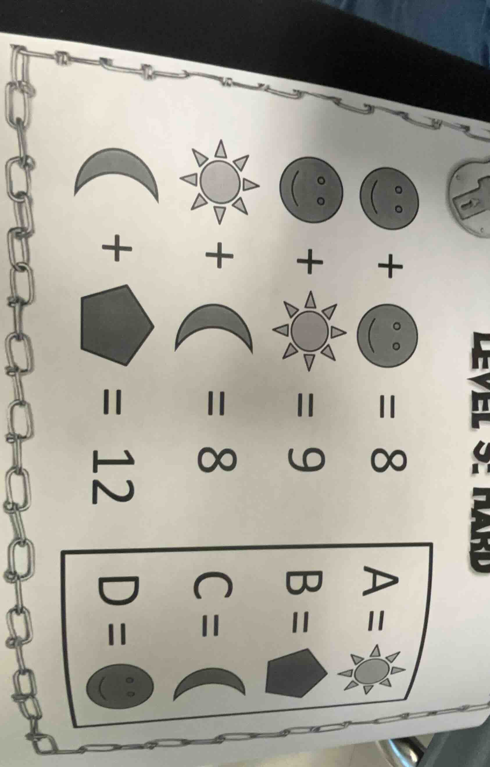 level 5: hard 1. 🌙 + ⬟ = 12 2. ☀ + 🌙 = 8 3. 😊 + ☀ = 9 4. 😊 + 😊 = 8…