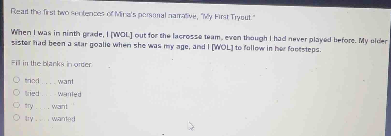 read the first two sentences of minas personal narrative, \my first try…