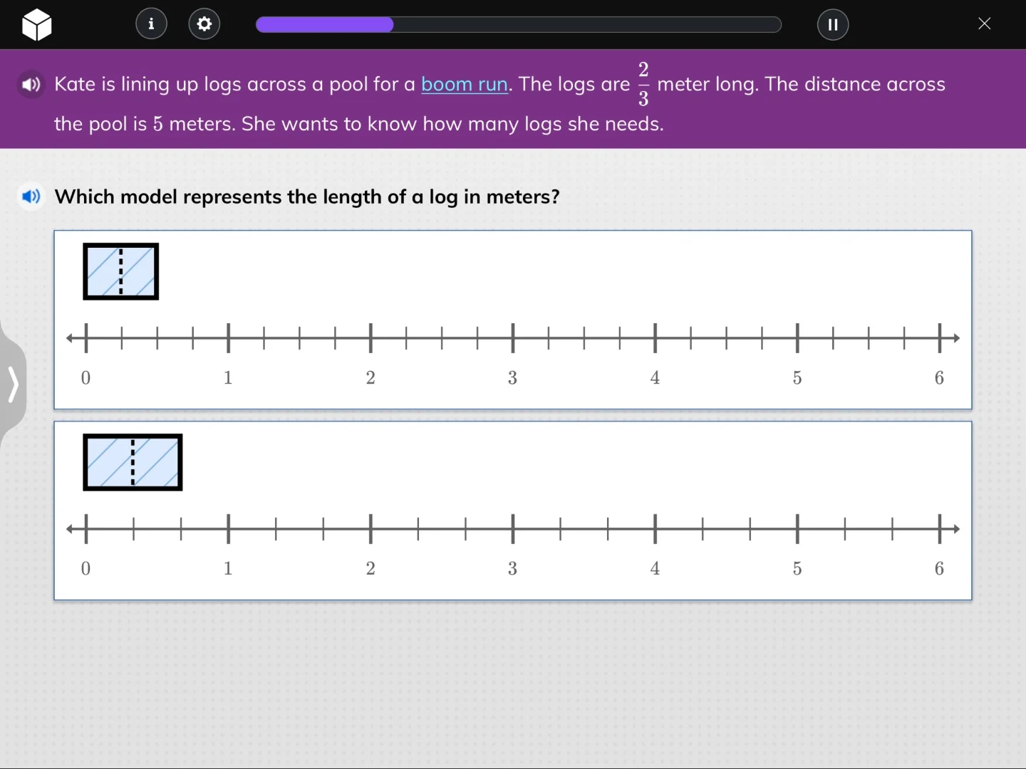 kate is lining up logs across a pool for a boom run. the logs are $\fra…