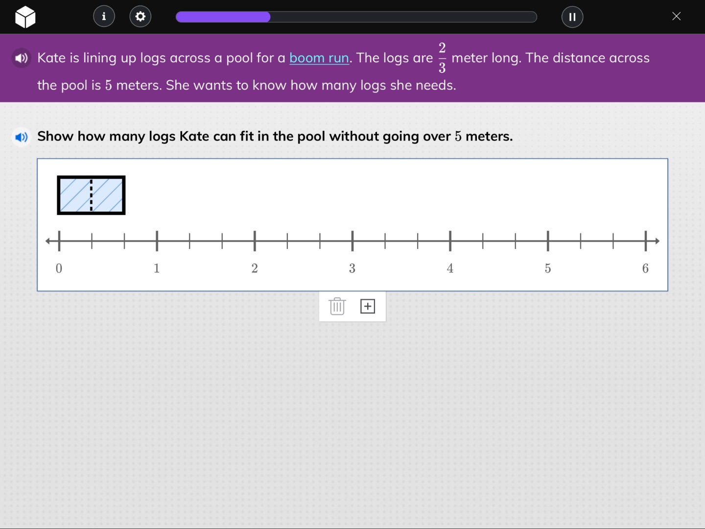 kate is lining up logs across a pool for a boom run. the logs are $\fra…