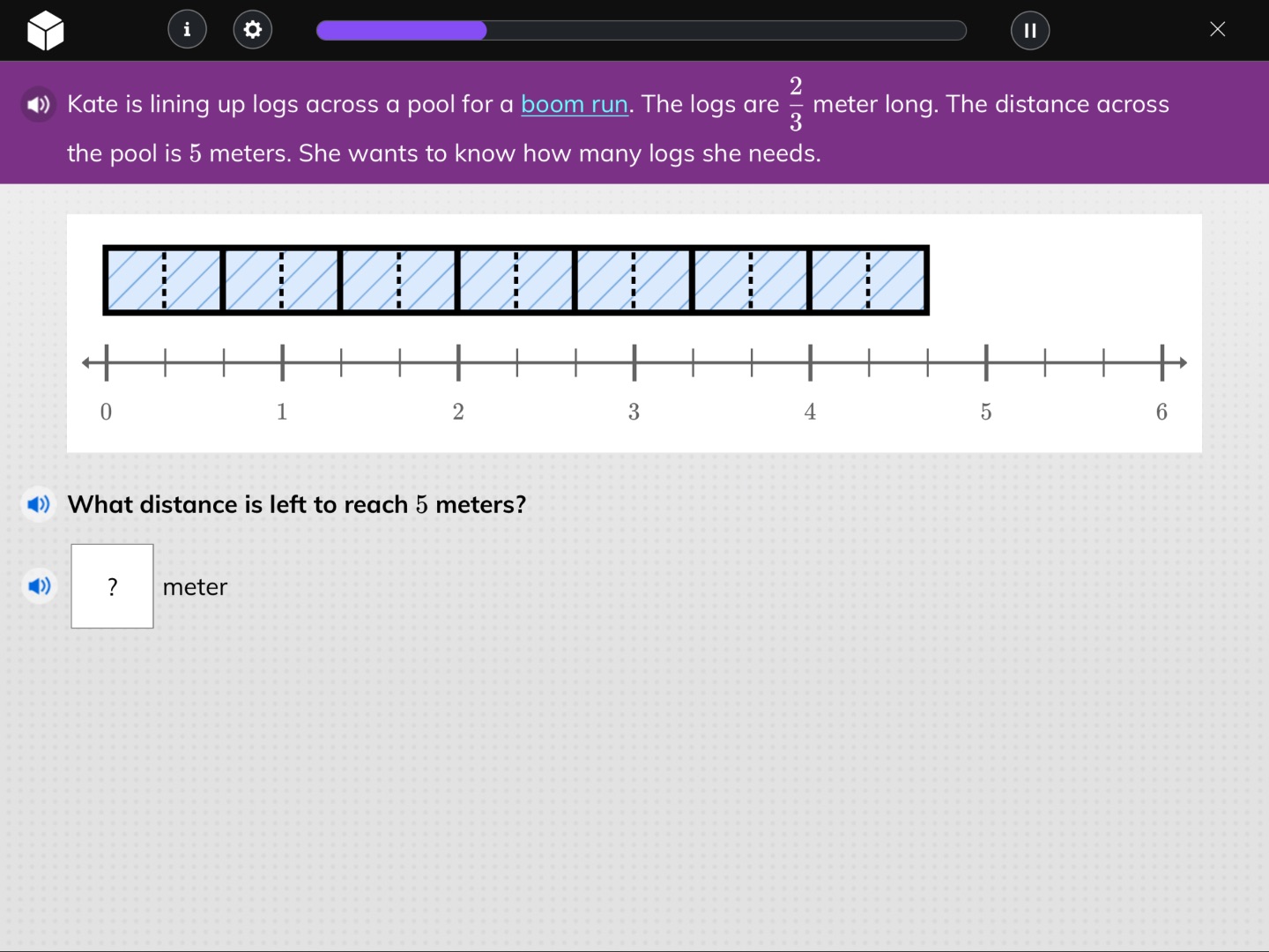 kate is lining up logs across a pool for a boom run. the logs are $\fra…