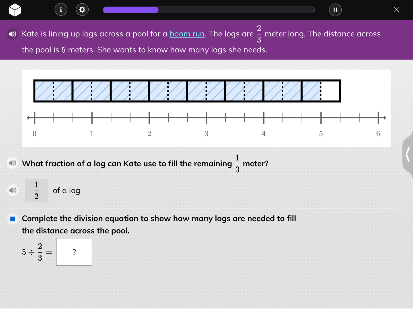 kate is lining up logs across a pool for a boom run. the logs are $\fra…