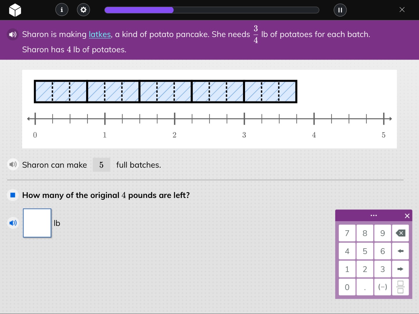 sharon is making latkes, a kind of potato pancake. she needs $\frac{3}{…