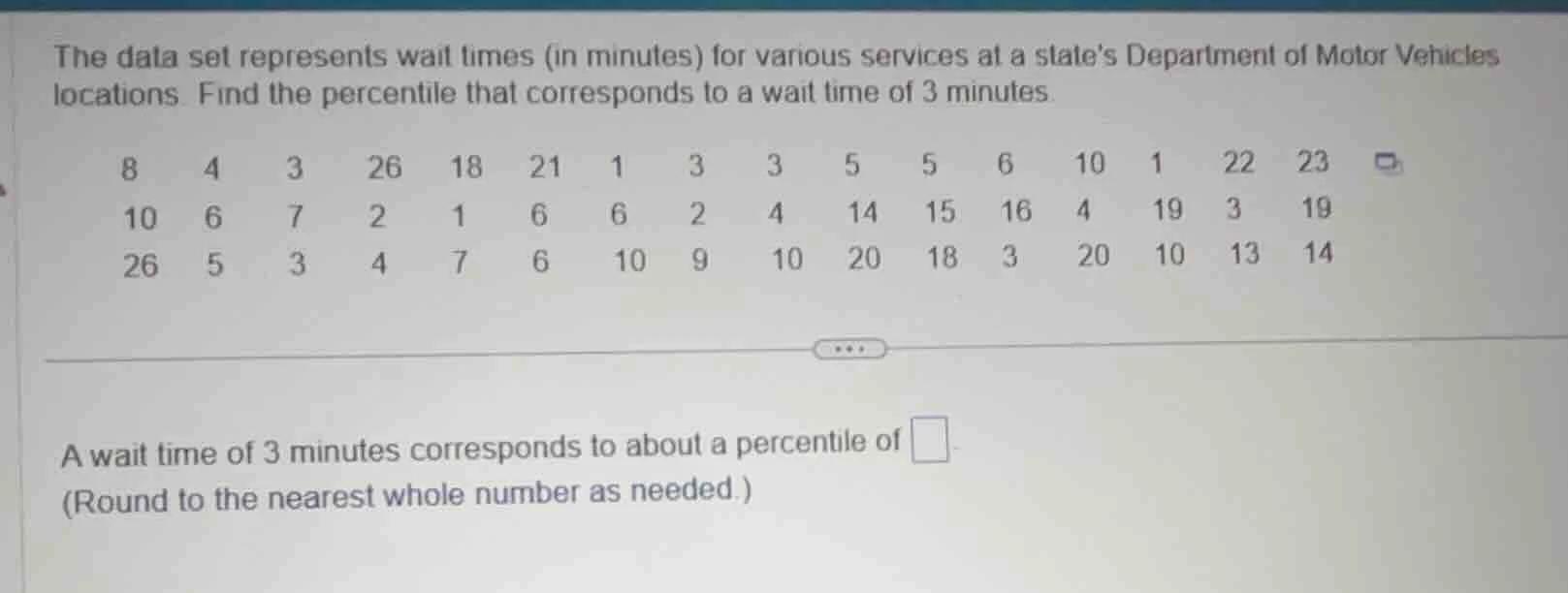 the data set represents wait times (in minutes) for various services at…
