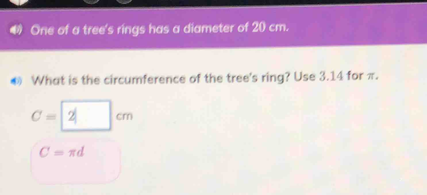 one of a trees rings has a diameter of 20 cm. what is the circumference…