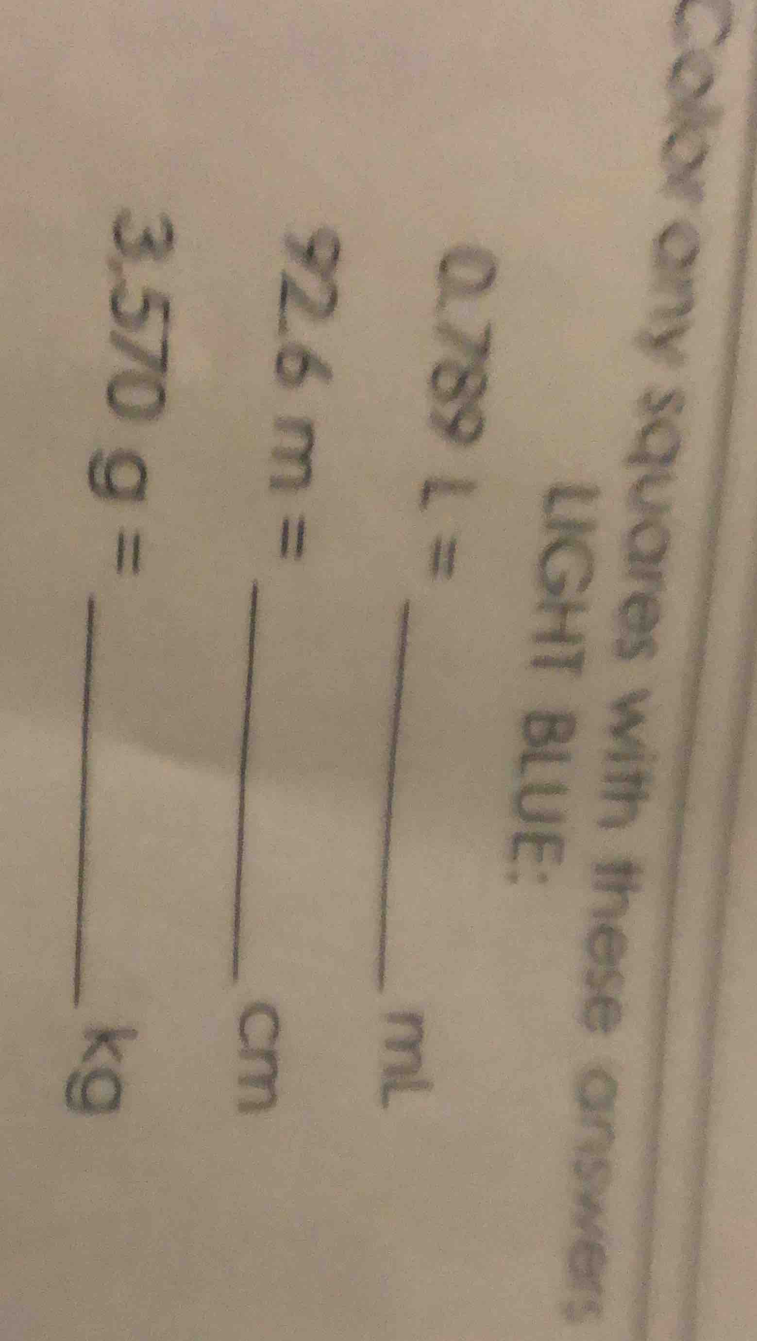 color only squares with with these answers light blue: 0.769 l = ____ m…