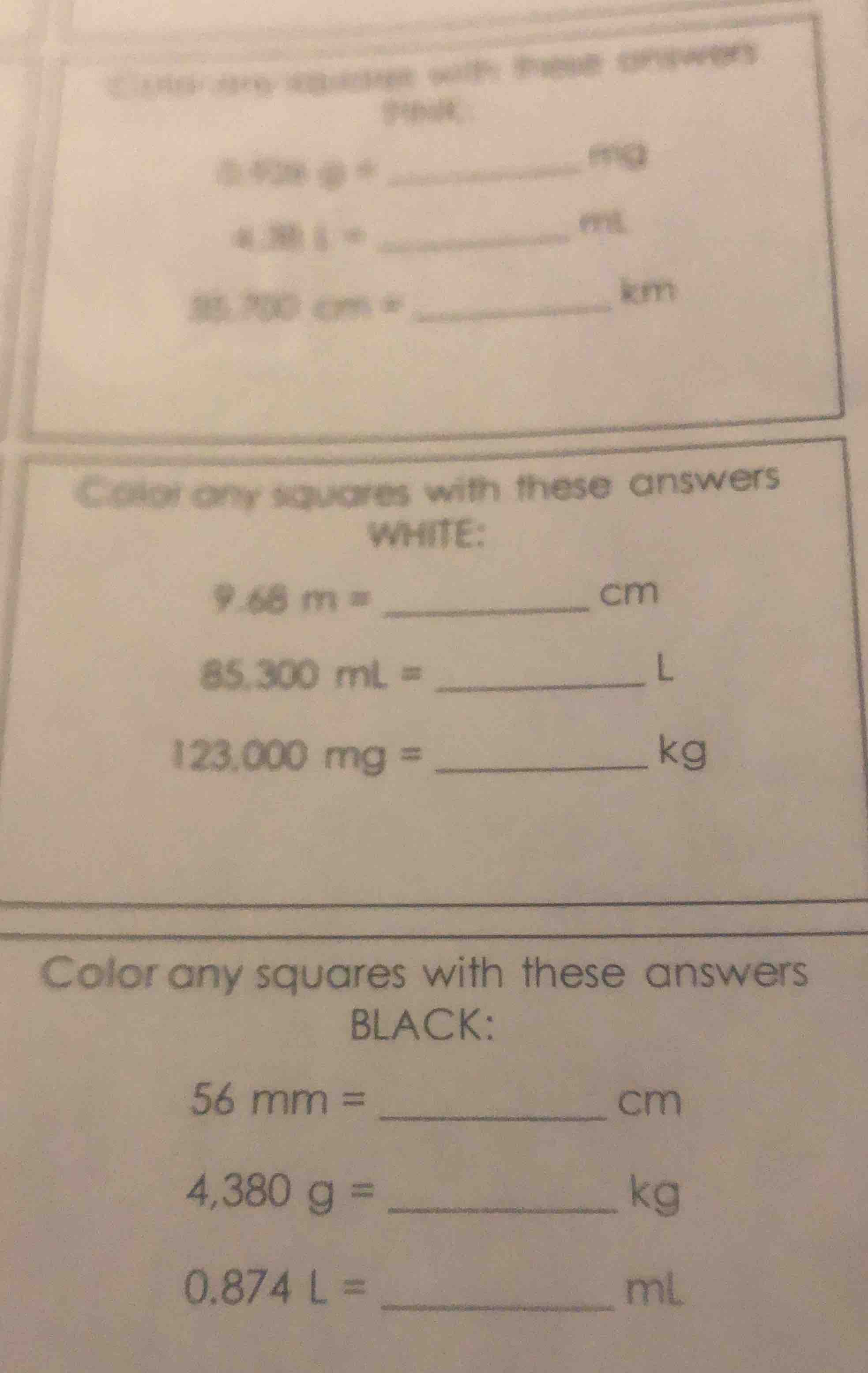 color any squares with these answers pink:5.430 g = _______ mg4.38 l = …