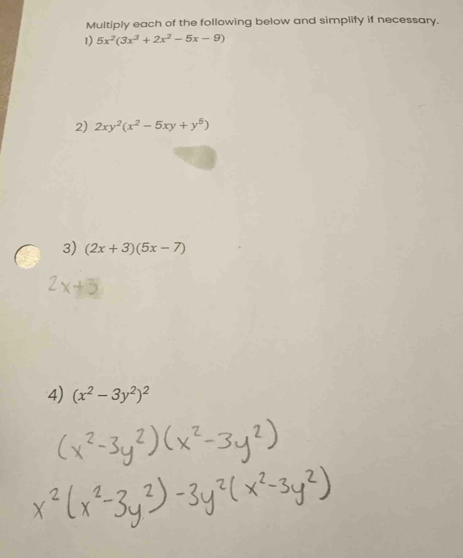 multiply each of the following below and simplify if necessary. 1) $5x^…