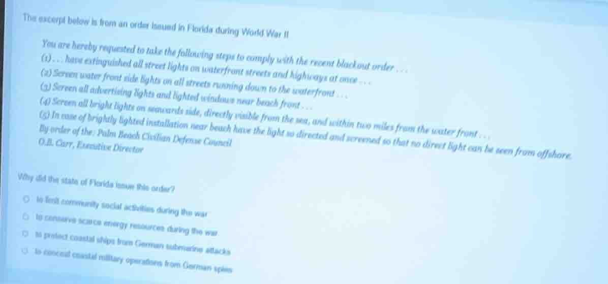 the excerpt below is from an order issued in florida during world war i…