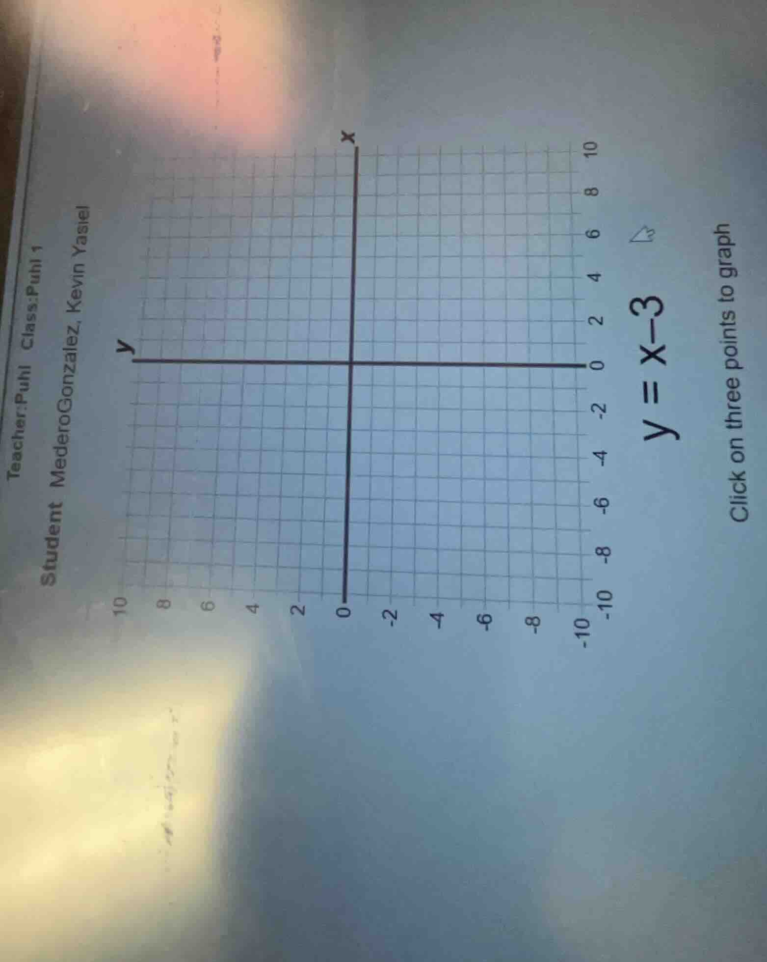 teacher:puhl class:puhl 1 student mederogonzalez, kevin yasiel $y = x-3…