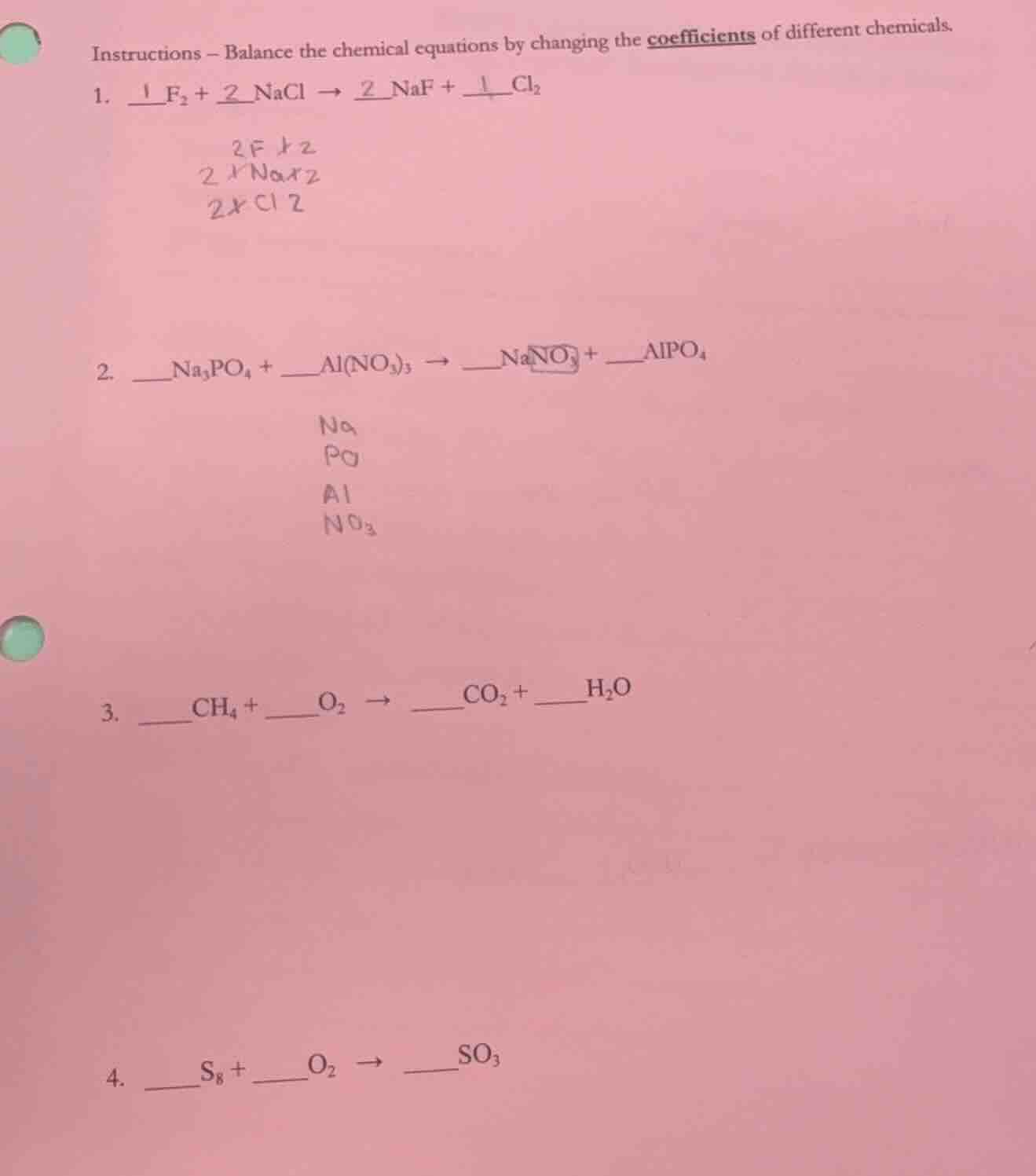 instructions - balance the chemical equations by changing the coefficie…