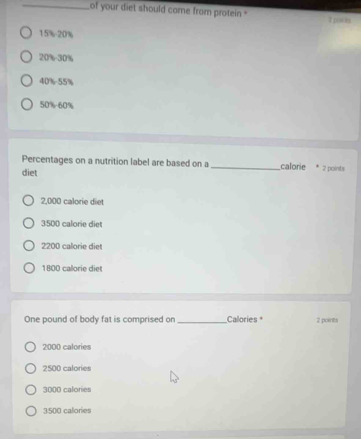 ______of your diet should come from protein * 15%-20% 20%-30% 40%-55% 5…