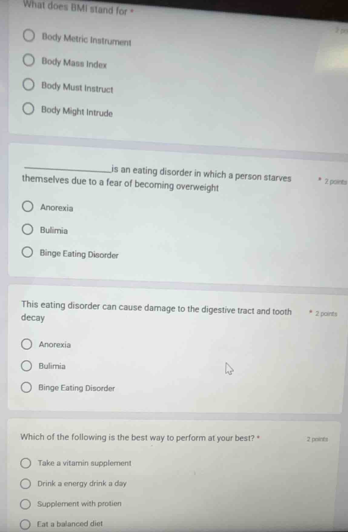 what does bmi stand for *○ body metric instrument○ body mass index○ bod…