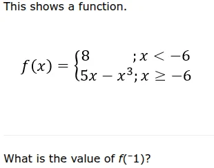 this shows a function. $f(x)=\\begin{cases}8&;x < -6\\\\5x - x^{3};&x \…