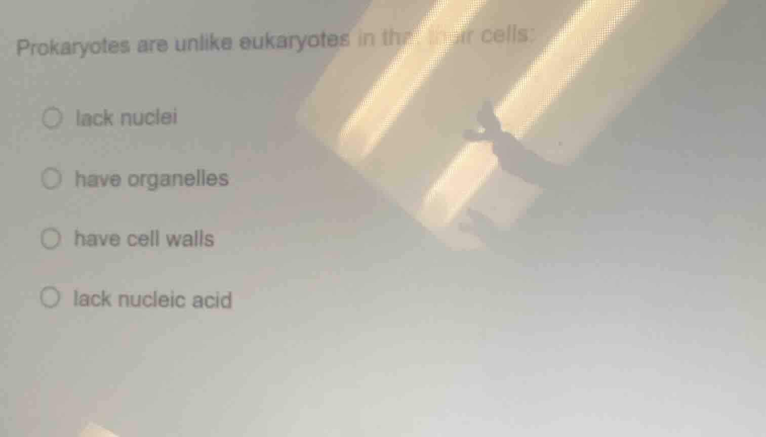 prokaryotes are unlike eukaryotes in that their cells:○ lack nuclei○ ha…