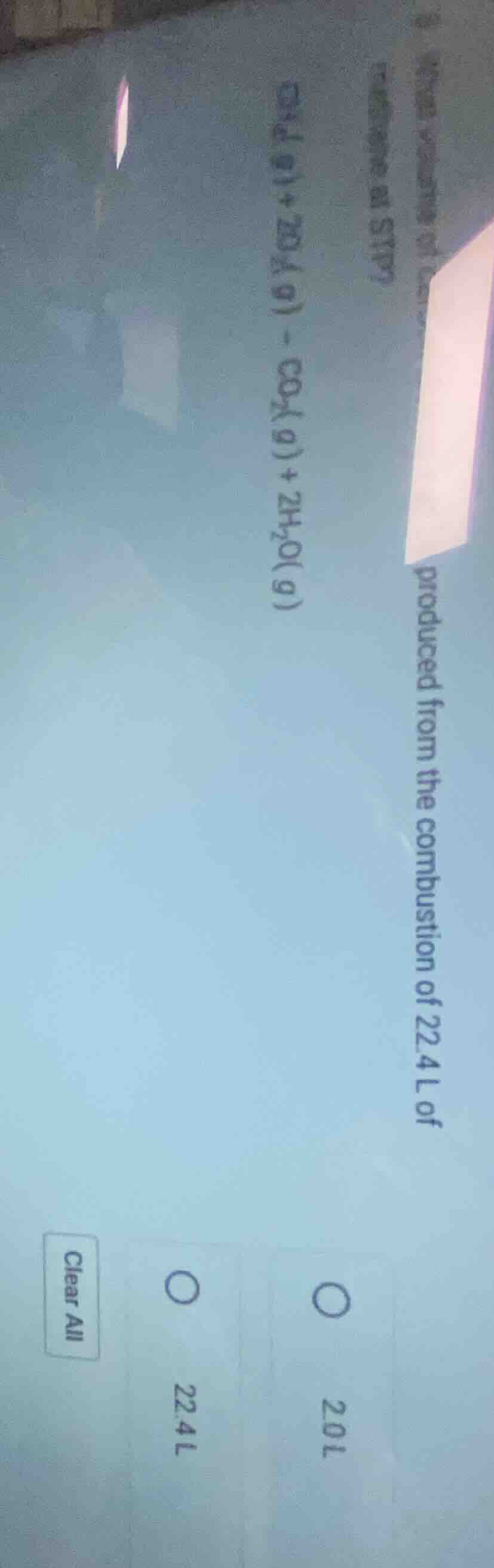 what volume of co₂ produced from the combustion of 22.4 l of methane at…