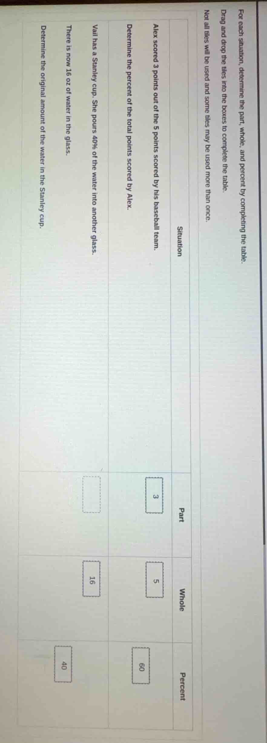 for each situation, determine the part, whole, and percent by completin…