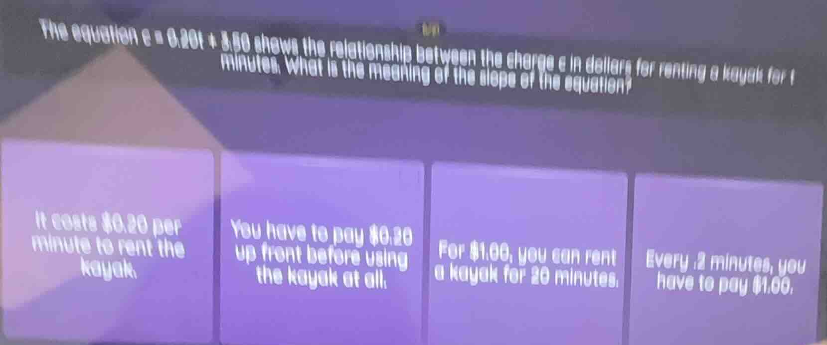 the equation $c = 0.20t + 3.50$ shows the relationship between the char…