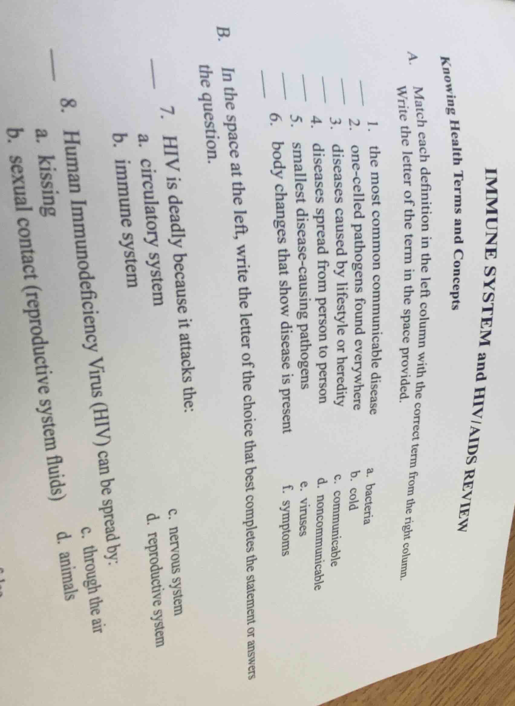 immune system and hiv/aids review knowing health terms and concepts a. …