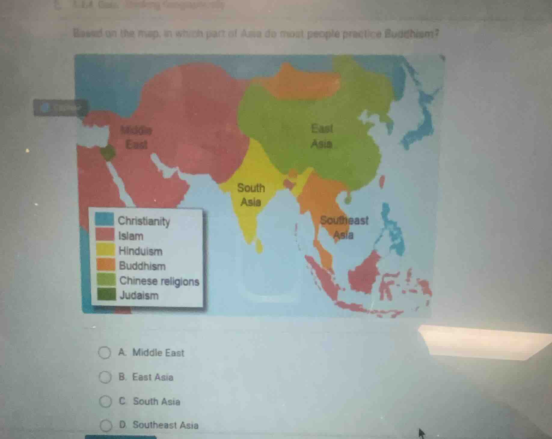 based on the map, in which part of asia do most people practice buddhis…