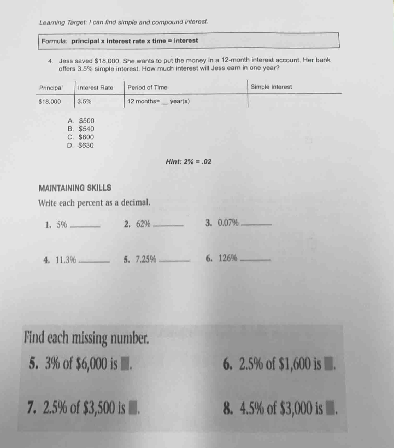 learning target: i can find simple and compound interest. formula: prin…