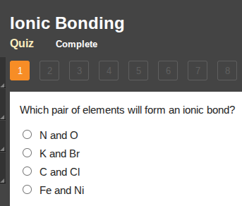 ionic bonding quiz complete 1 2 3 4 5 6 7 8 which pair of elements will…