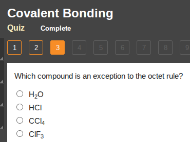 covalent bonding quiz complete 1 2 3 4 5 6 7 8 9 which compound is an e…