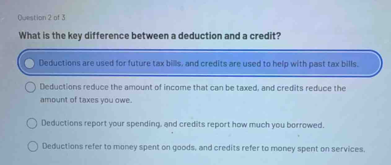 question 2 of 3 what is the key difference between a deduction and a cr…