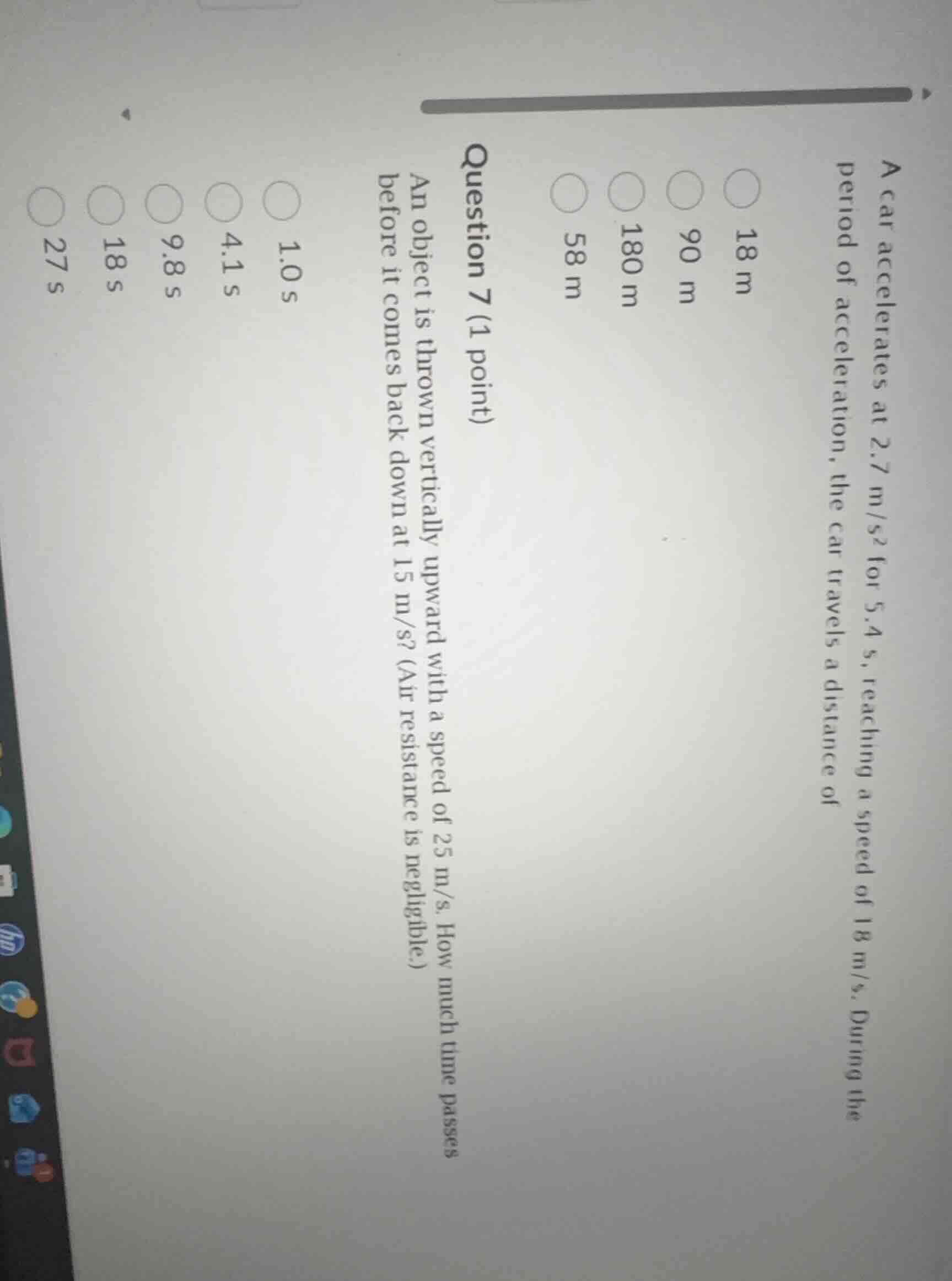 a car accelerates at $2.7\\ \\text{m/s}^2$ for $5.4\\ \\text{s}$, reach…