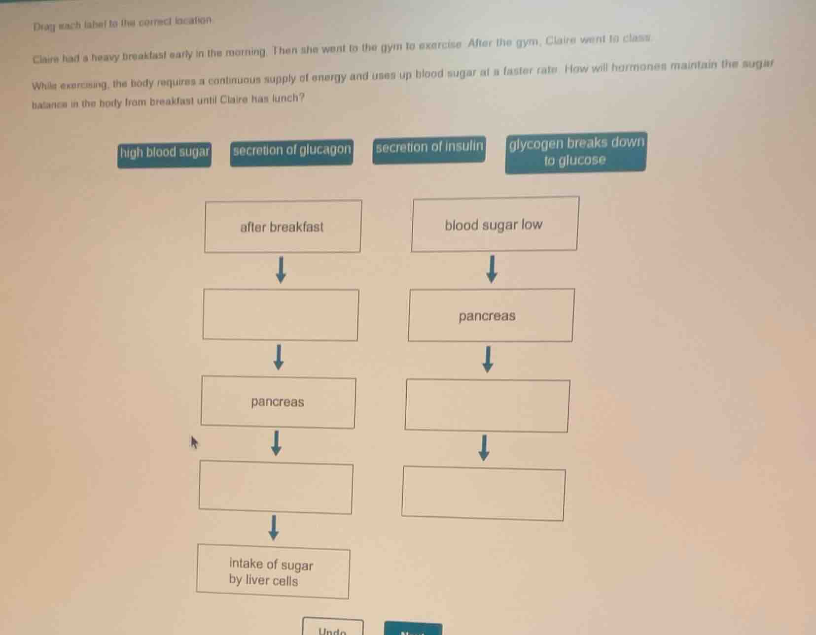 drag each label to the correct location.claire had a heavy breakfast ea…