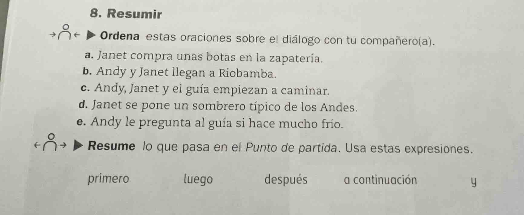 8. resumir →∩← ▶ ordena estas oraciones sobre el diálogo con tu compañe…