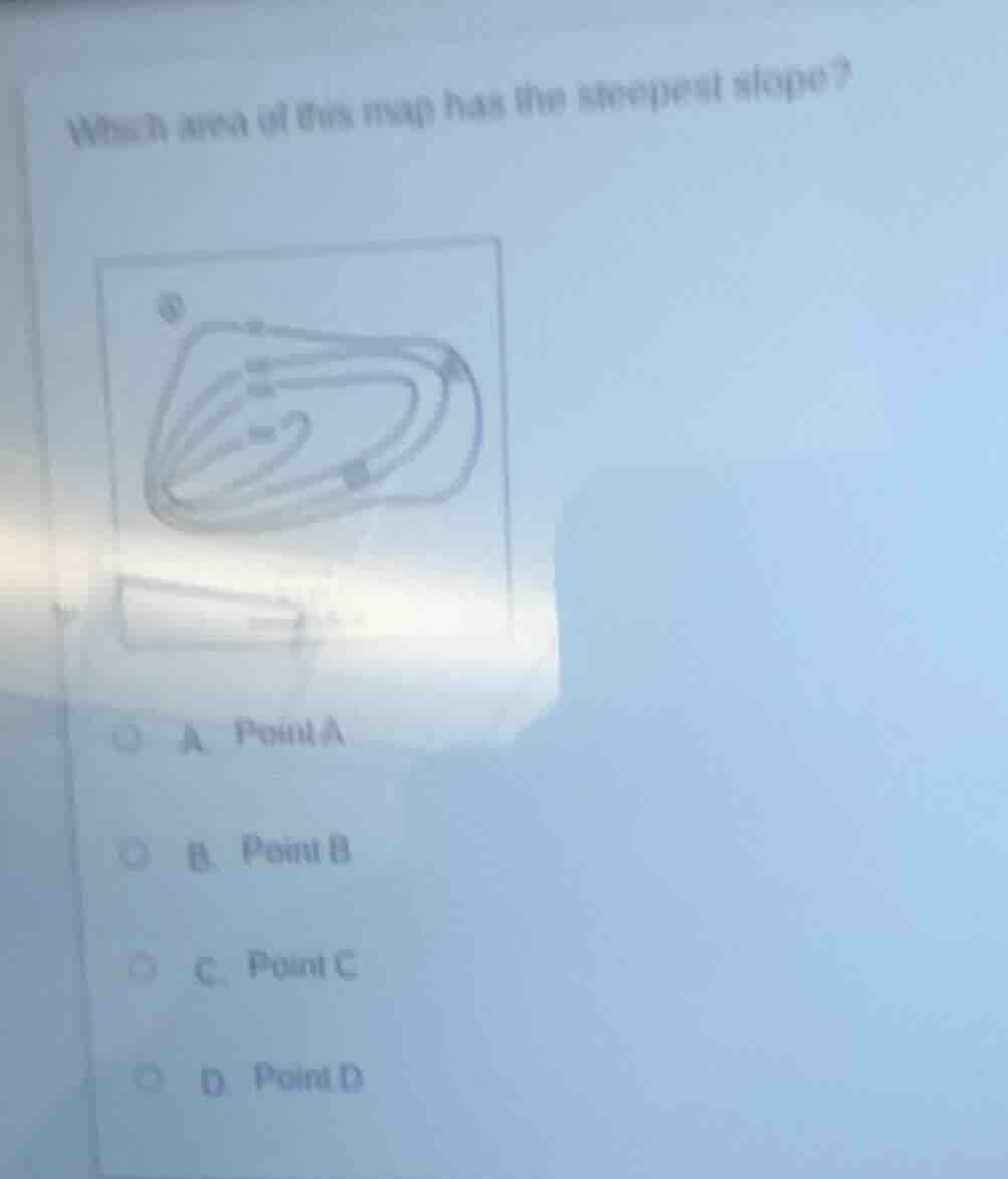 which area of this map has the steepest slope? a. point a b. point b c.…
