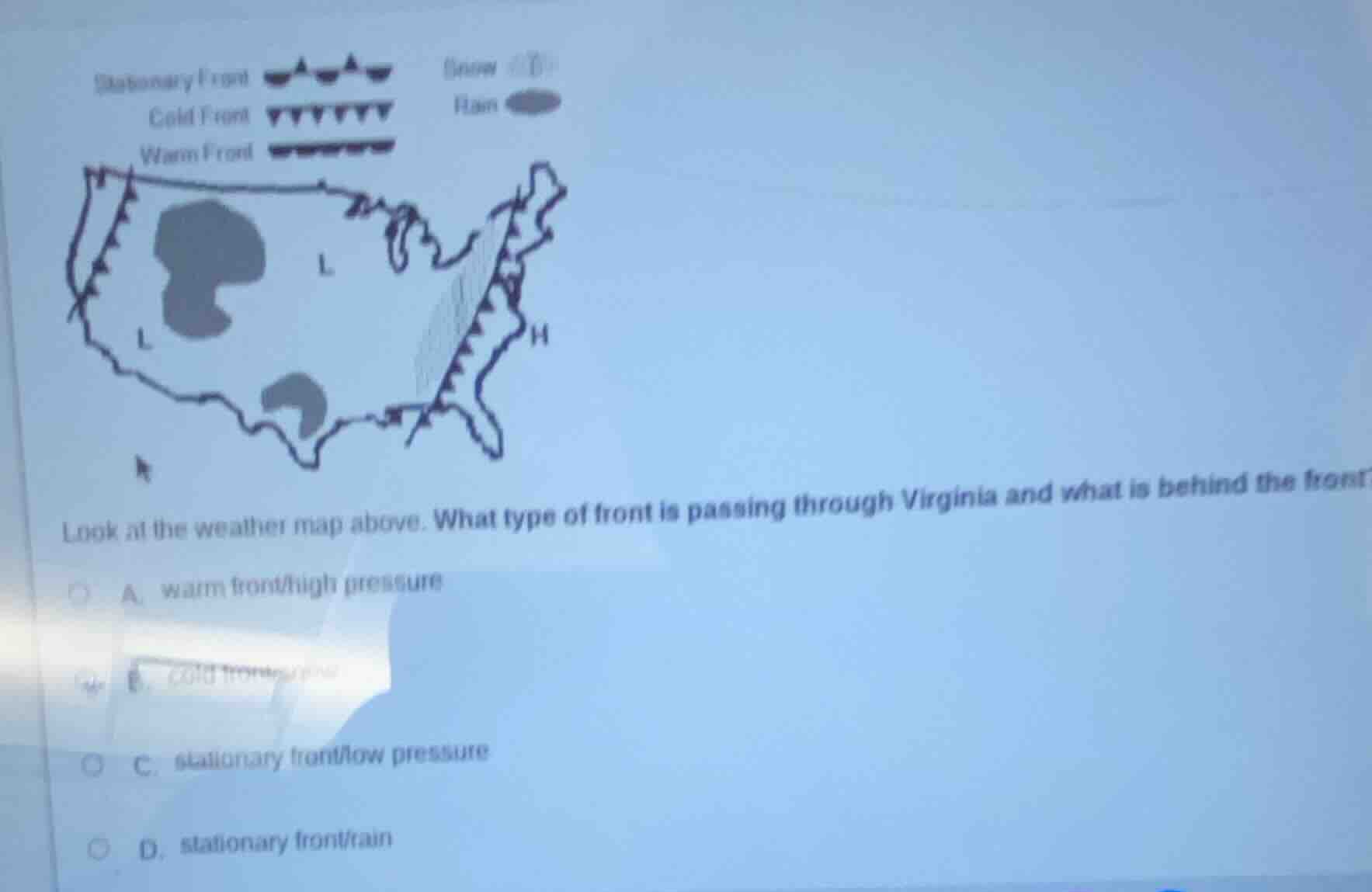 stationary frontcold frontwarm frontsnowrainlook at the weather map abo…