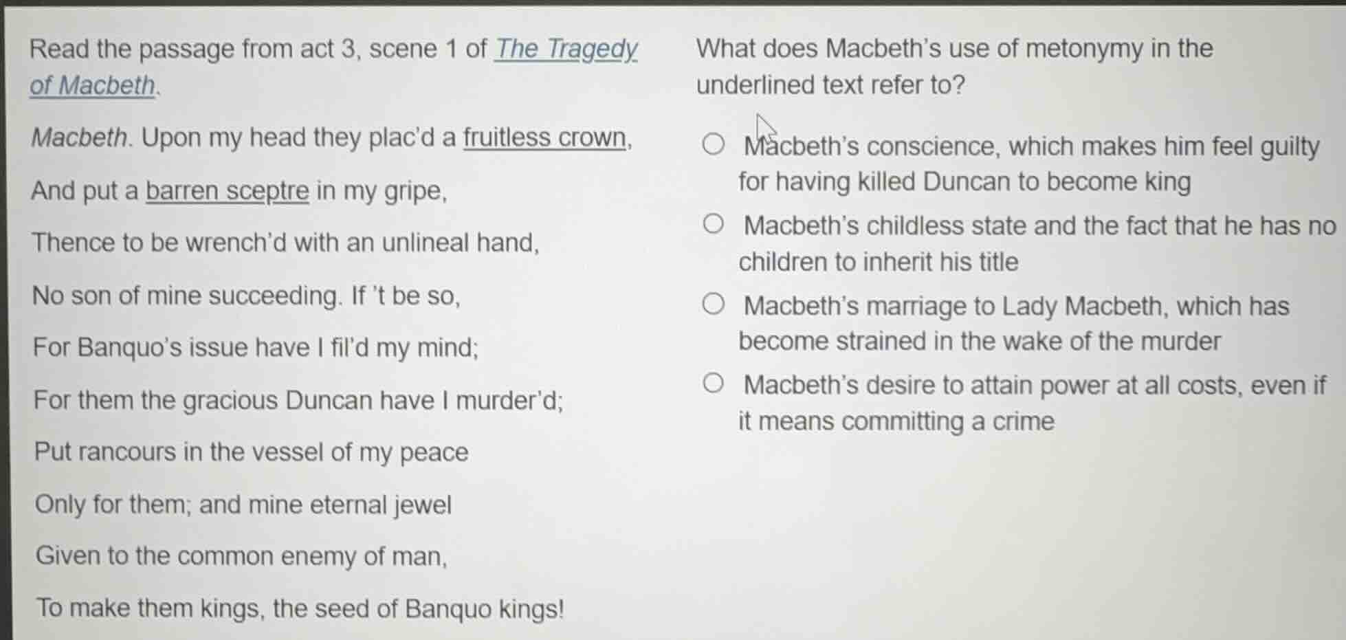 read the passage from act 3, scene 1 of the tragedy of macbeth. macbeth…