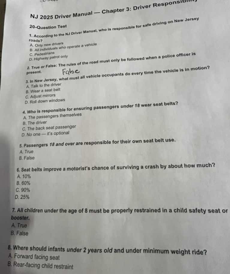 nj 2025 driver manual — chapter 3: driver responsibility 20-question te…