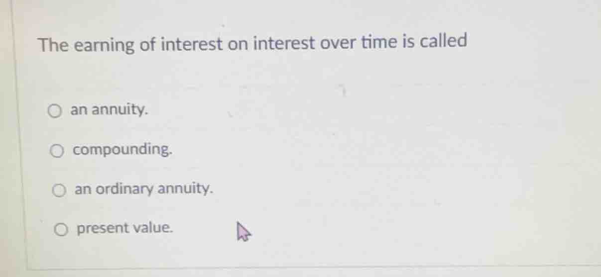 the earning of interest on interest over time is called ○ an annuity. ○…