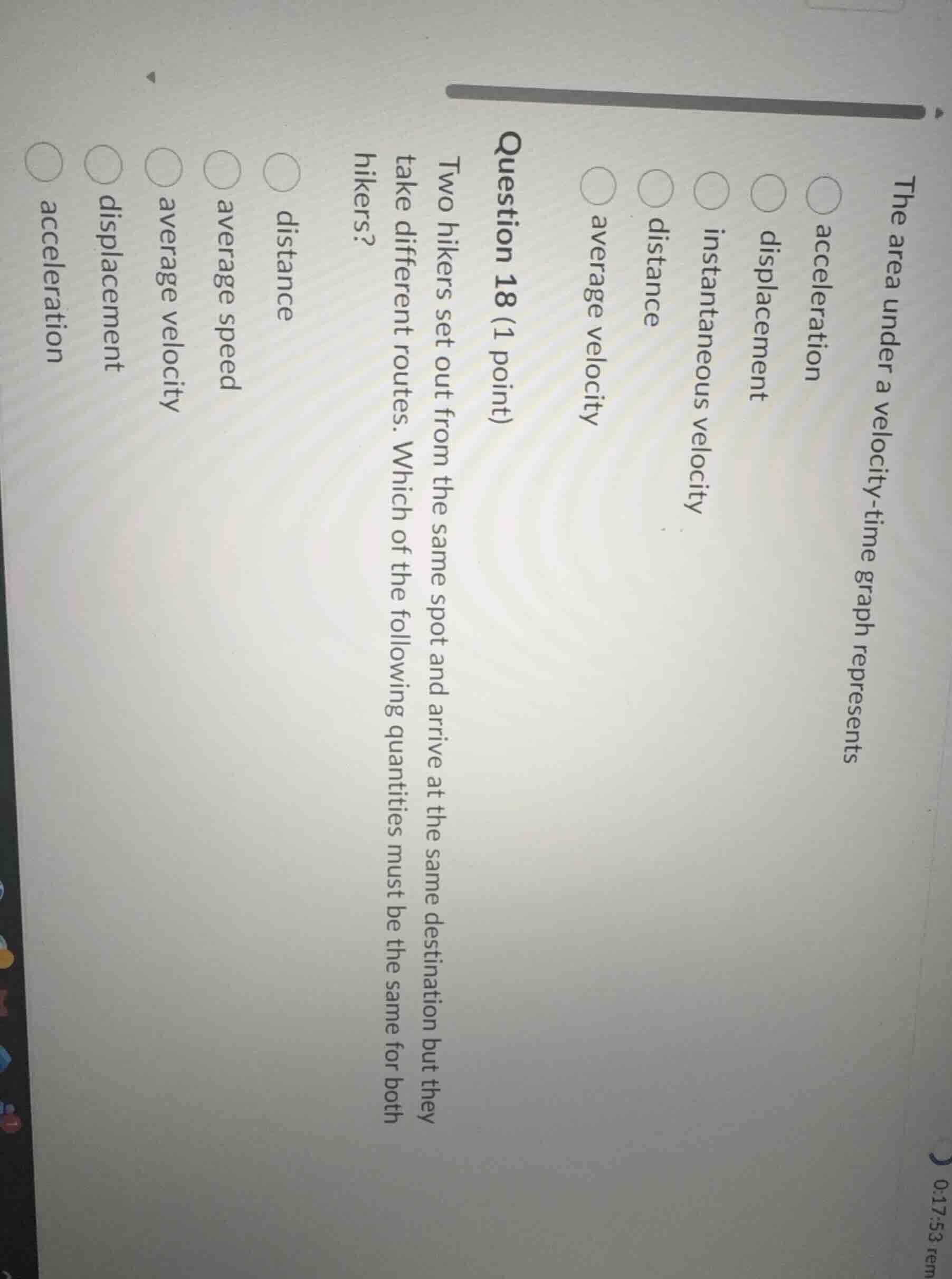 the area under a velocity-time graph represents ○ acceleration ○ displa…