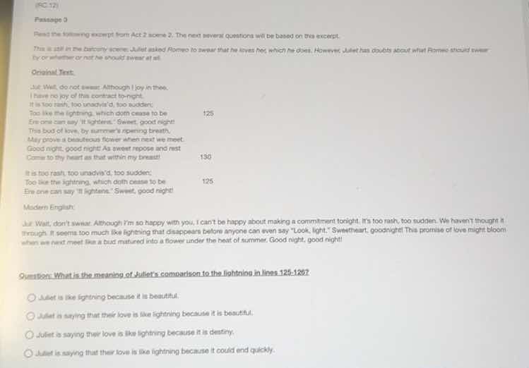 (rc-12) passage 3 read the following excerpt from act 2 scene 2. the ne…