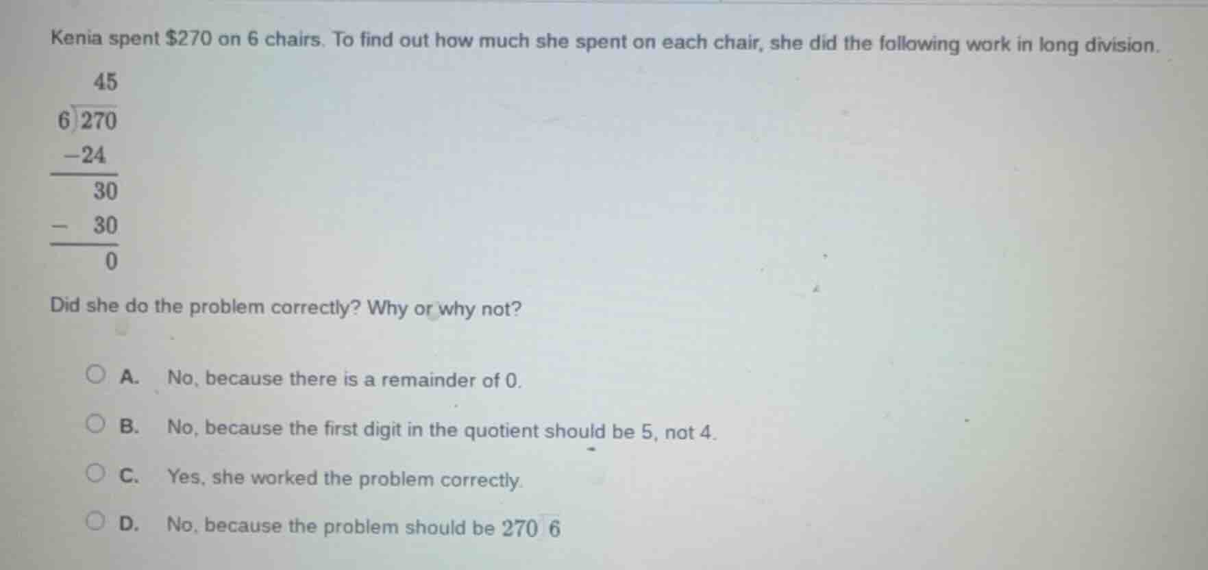 kenia spent $270 on 6 chairs. to find out how much she spent on each ch…