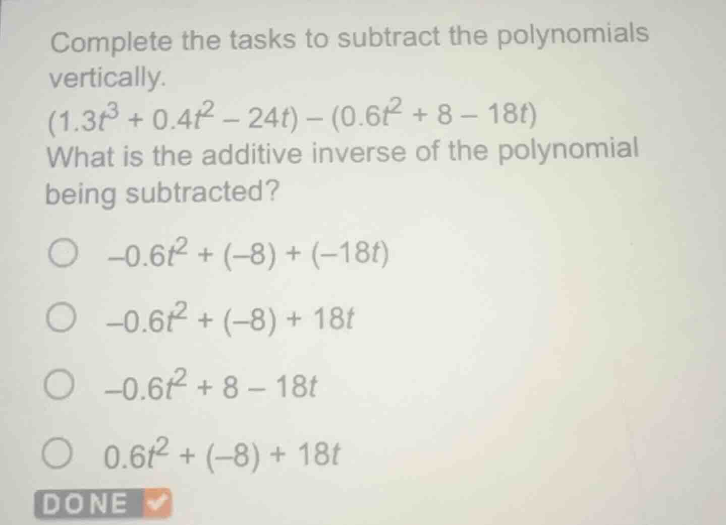 complete the tasks to subtract the polynomials vertically.$(1.3t^{3}+0.…