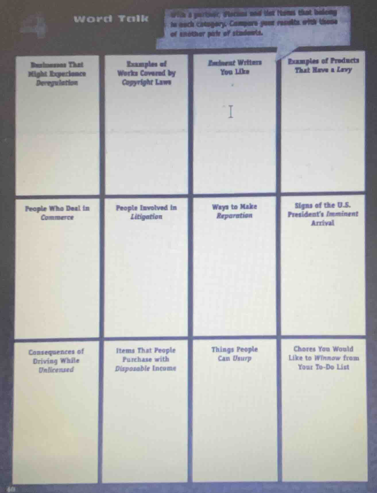 word talk with a partner, brainstorm and list items that belong in each…