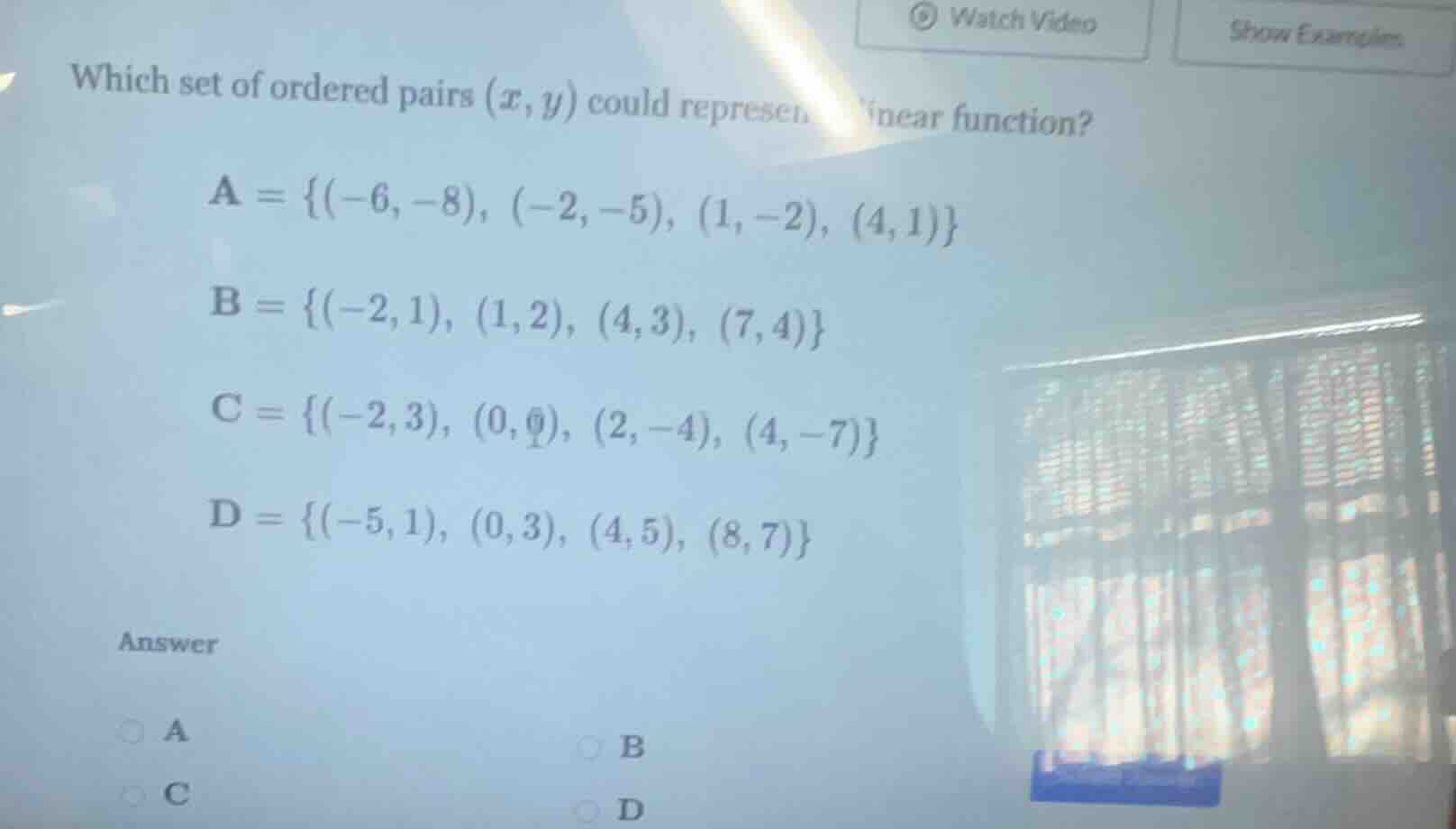 which set of ordered pairs $(x,y)$ could represent a linear function? $…