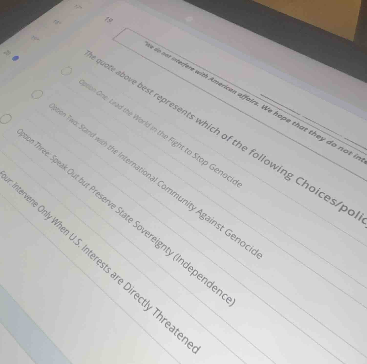 19. \we do not interfere with american affairs. we hope that they do no…