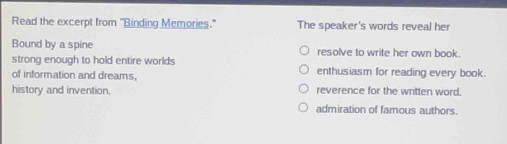 read the excerpt from \binding memories.\ bound by a spine strong enoug…